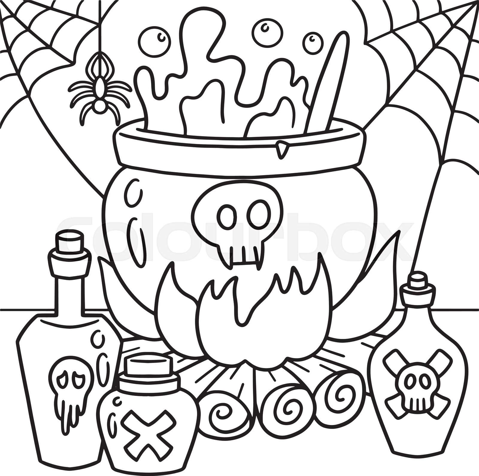 Witch cauldron halloween coloring page for kids stock vector