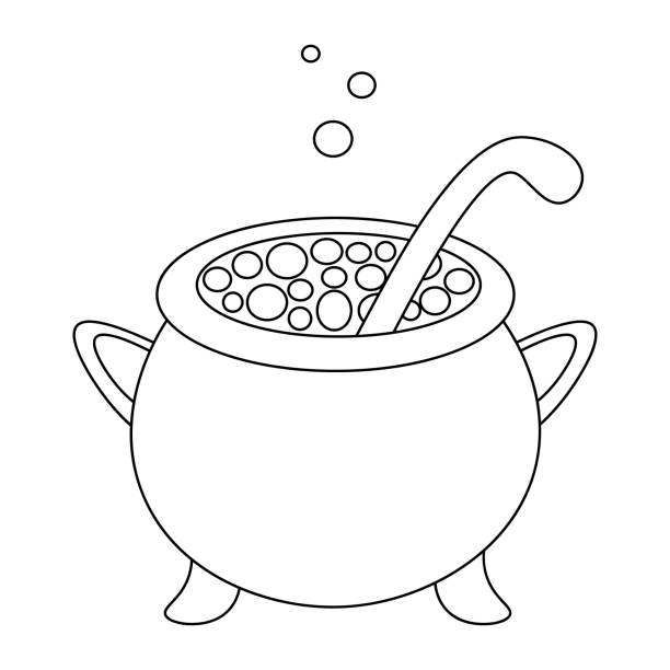 A cauldron of boiling potion sketch the bubbles are flying up vector illustration coloring book for children outline on an isolated white background doodle style witch brew in a metal pot halloween