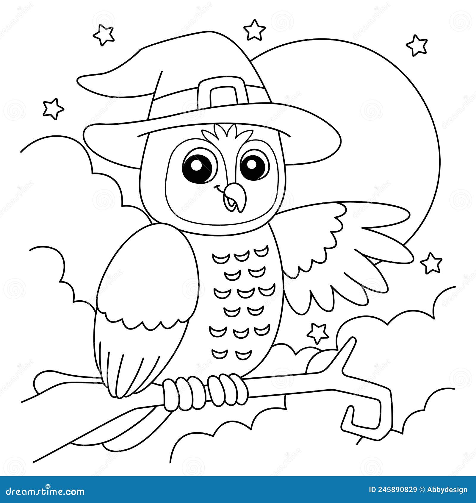 Owl witch hat halloween coloring page for kids stock vector