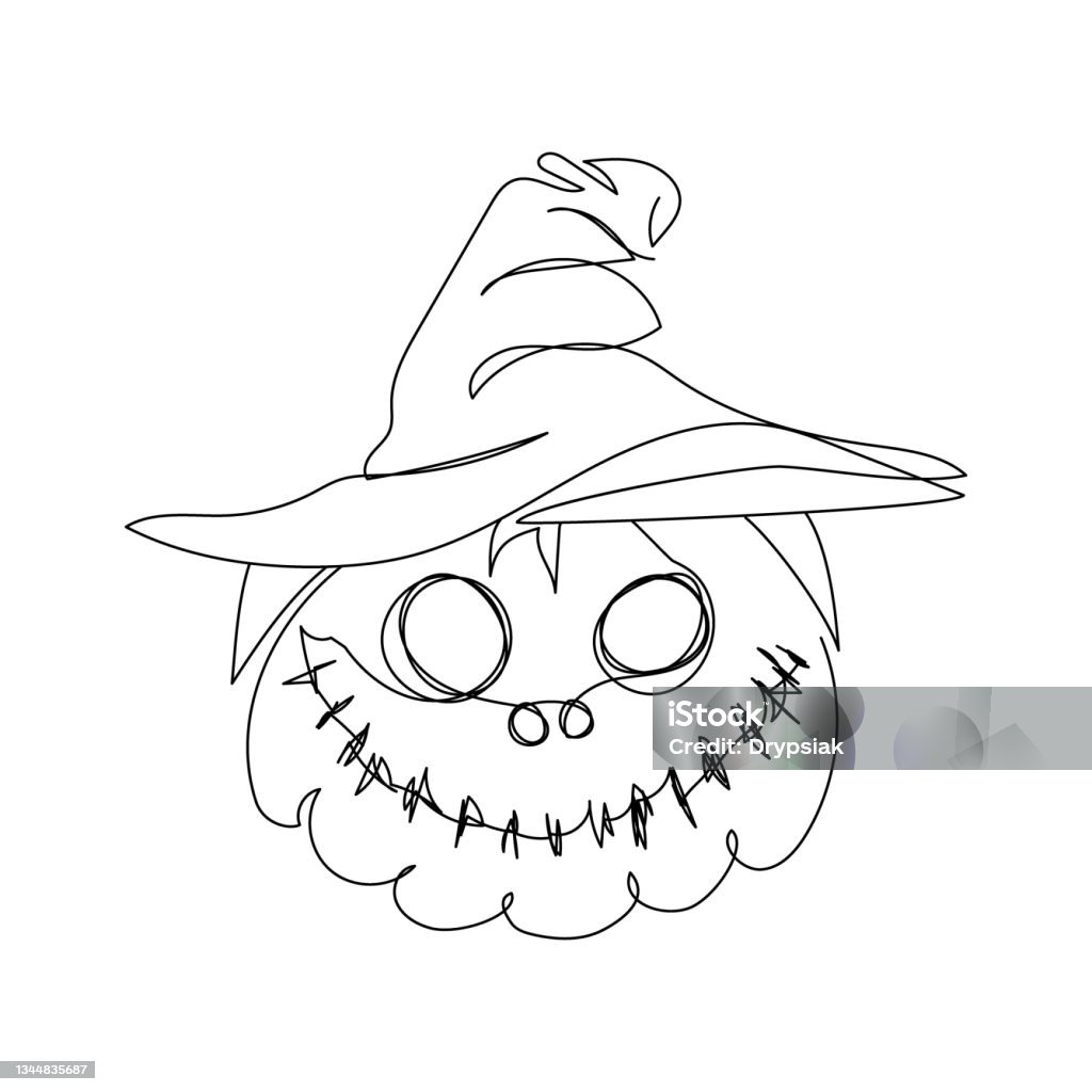 Halloween pumpkin with carved face in a witch hat one line art continuous line drawing of halloween theme gothic autumn mood mysticism witchcraft stock illustration