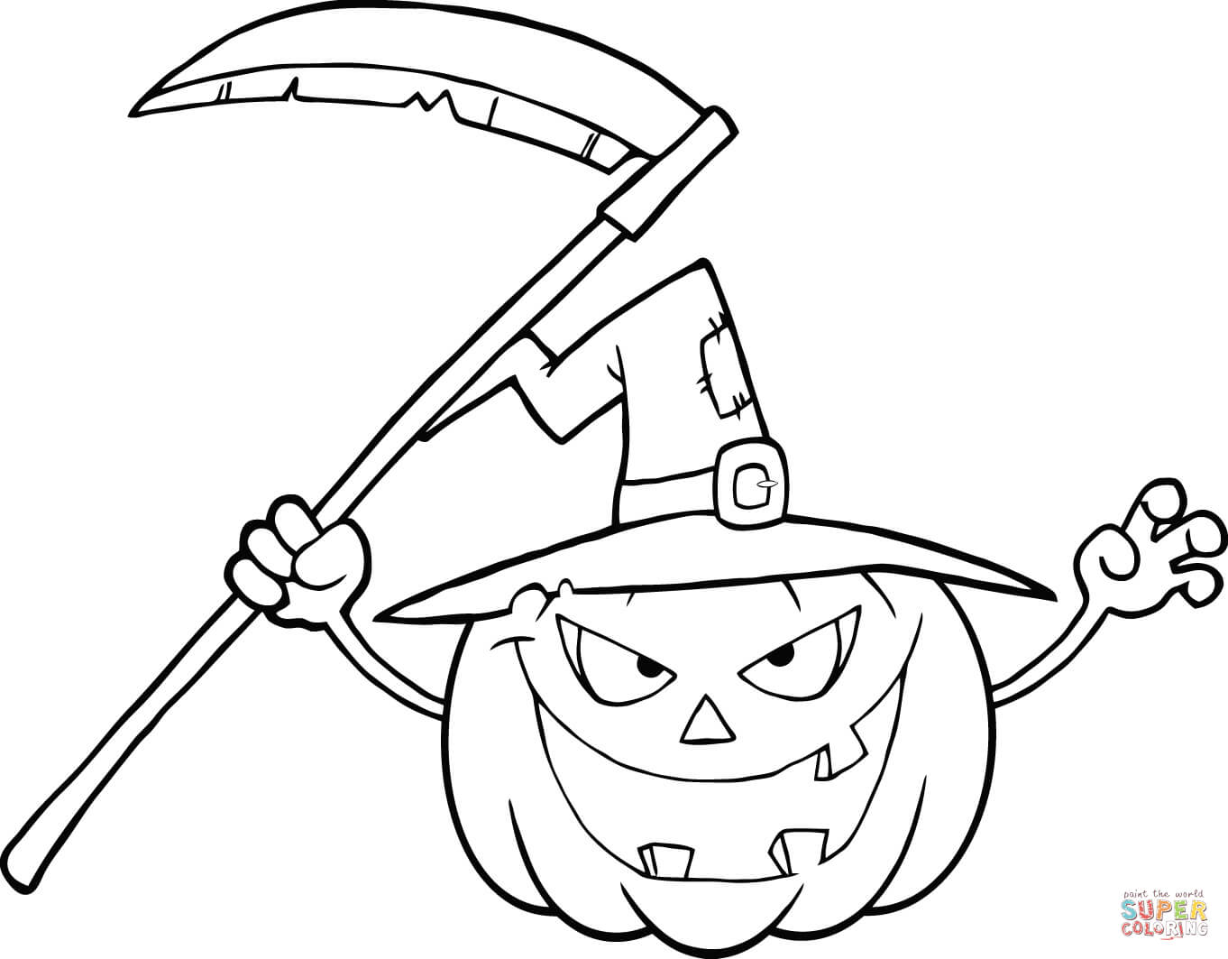 Scary halloween pumpkin with a witch hat and scythe coloring page free printable coloring pages