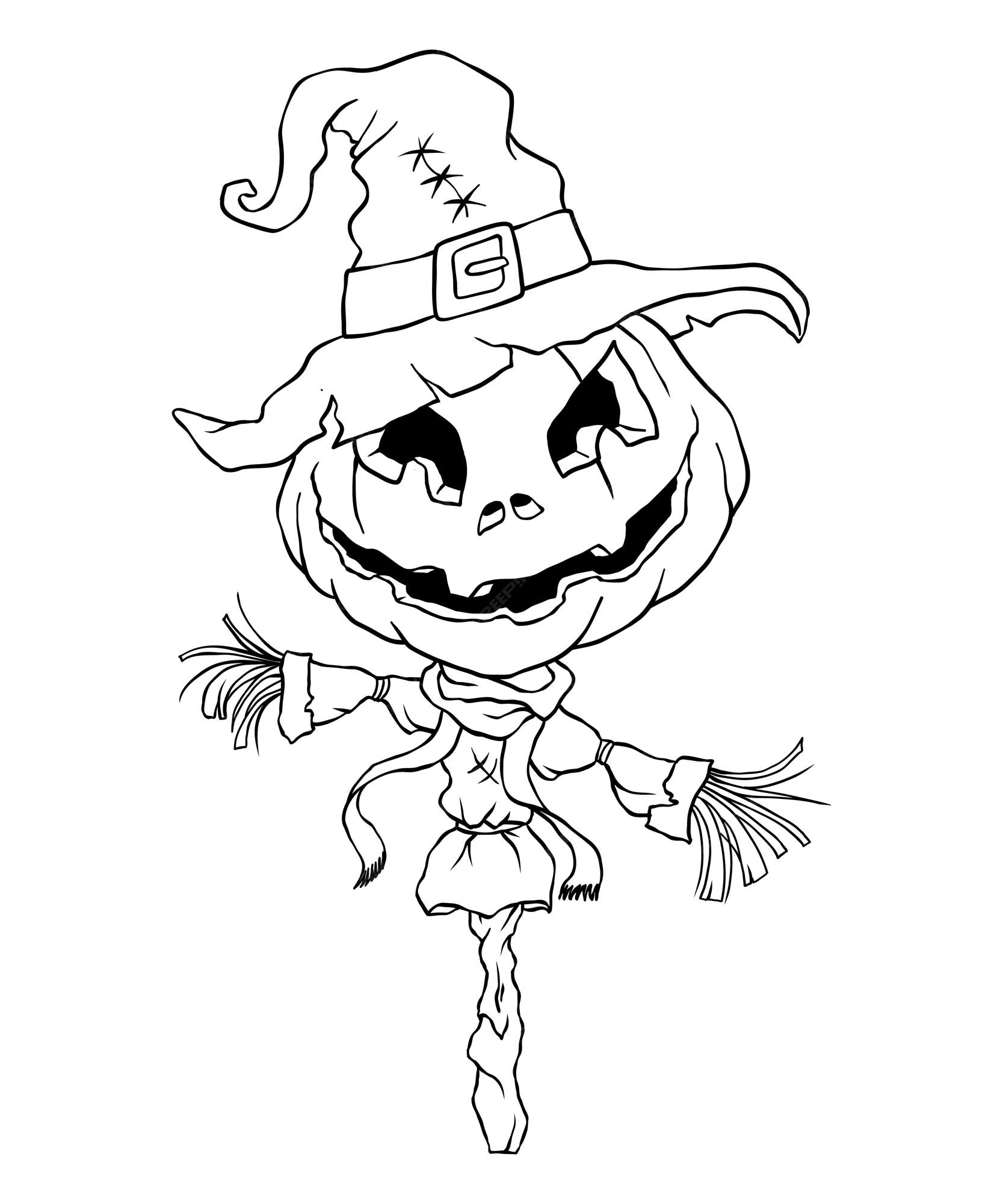 Premium vector pumpkin scarecrow in a witch hat coloring page