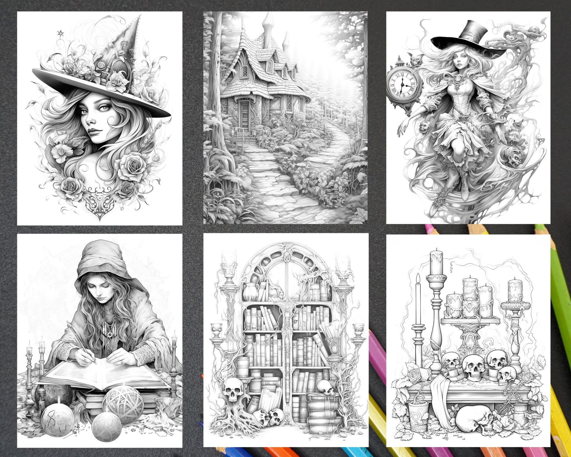 Witchy land grayscale coloring pages printable for adults pdf file â coloring