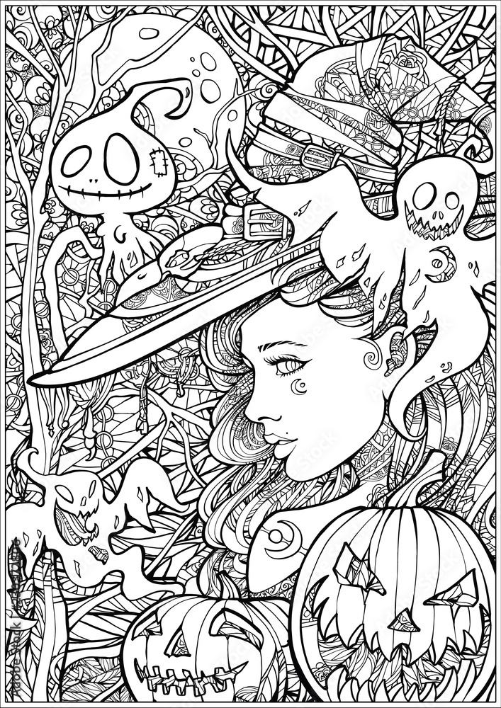 Coloring page for adults witch surrounded by ghosts vector