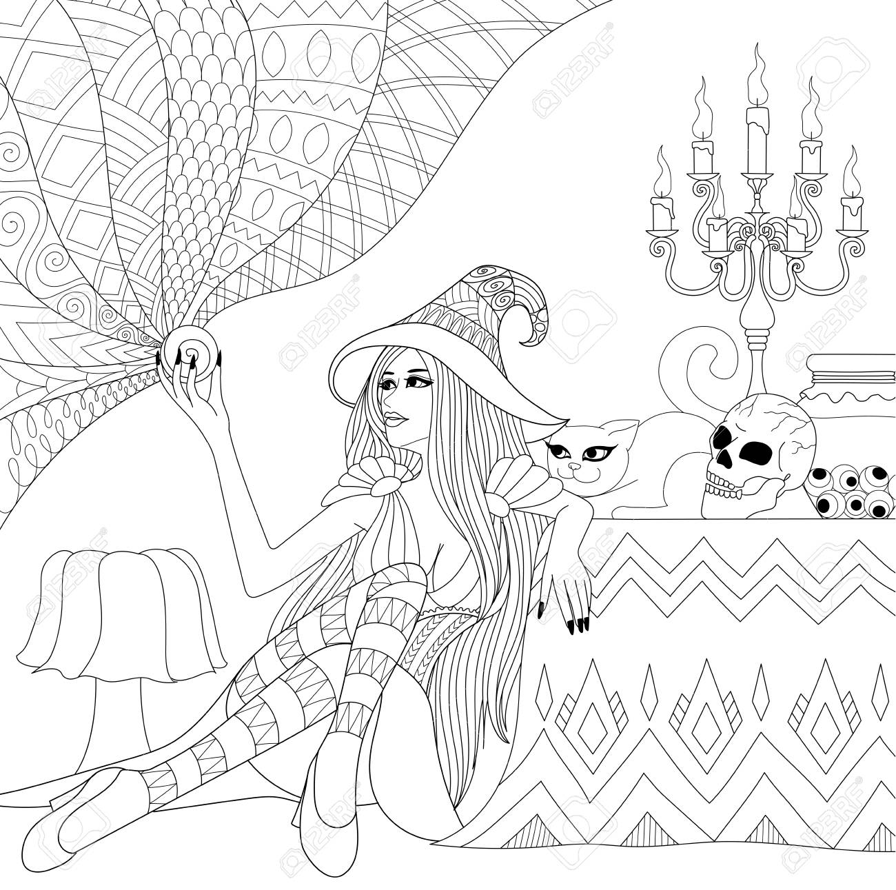 Colouring pages coloring book for adults halloween girl or witch with crystal ball horror background with skullcandles and cat antistress freehand sketch drawing with doodle elements royalty free svg cliparts vectors and