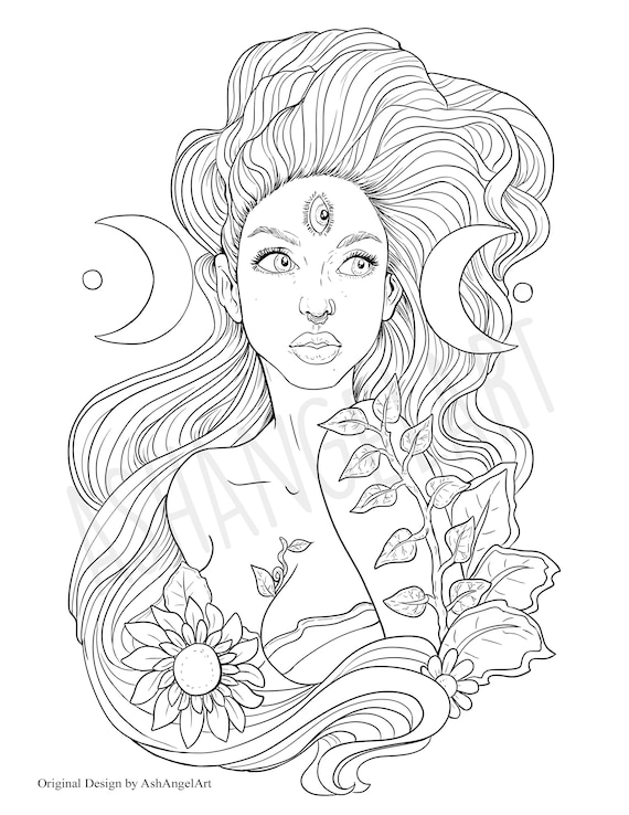 Witchy moon phase adult coloring book page print off digital file