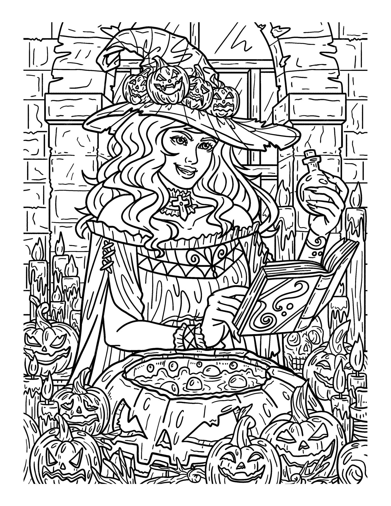 Premium vector halloween witch with potion adults coloring page