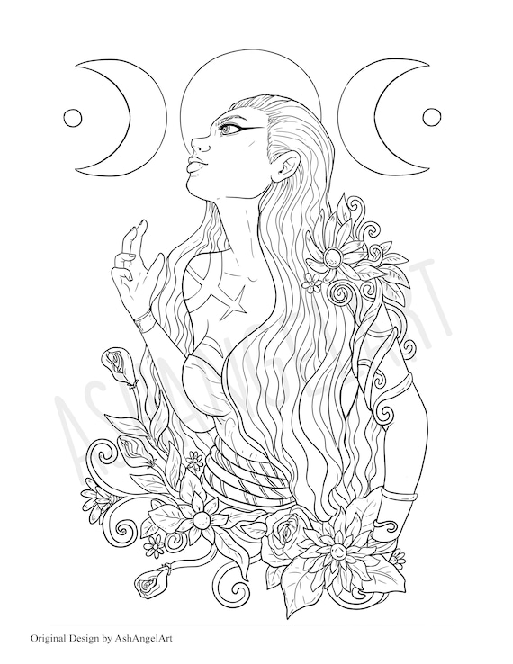 Witchy moon phase adult coloring book page print off digital file