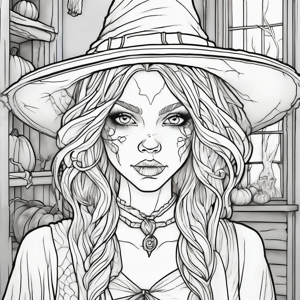 Coloring book page of witch