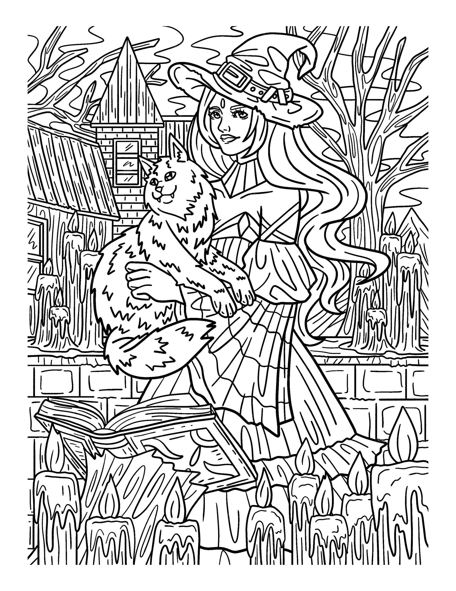 Premium vector halloween witch with cat coloring page for adults