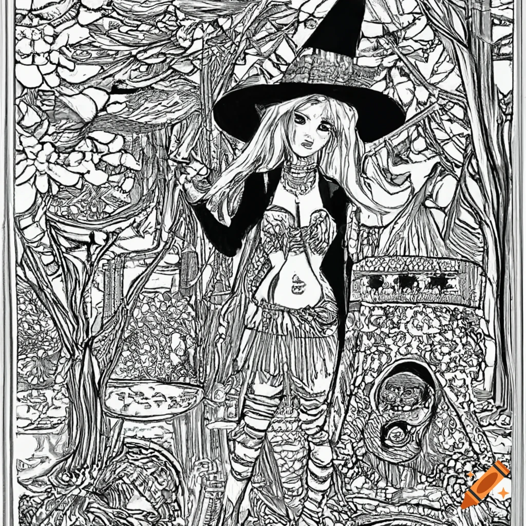 Halloween themed coloring book style witches no color black and white on