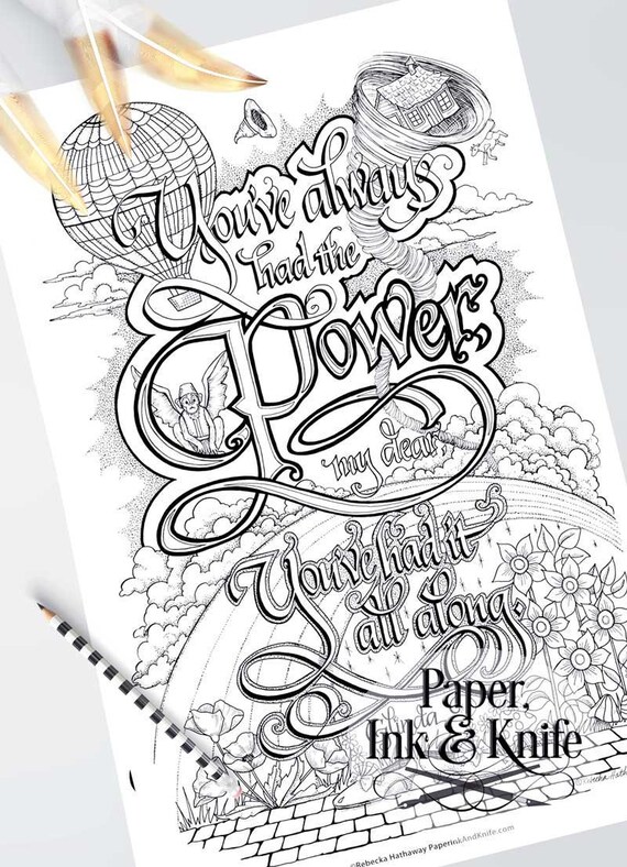 Wizard of oz large adult coloring page intricate hand lettering poster size flying monkey black white line art digital download pdf