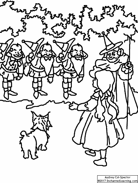 Dorothy meets three munchkins coloring page the wizard of oz