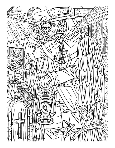 Premium vector halloween plague doctor coloring page for adults