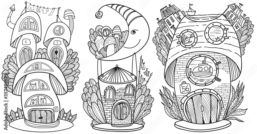 Funny cartoon magic mushroom house coloring pages for kids cute nursery illustration on white background ready for print can be used for sticker poster print fabric textile illustration