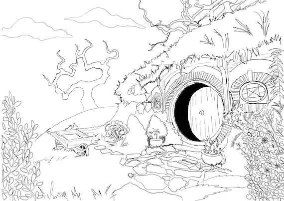 Adult coloring page hobbit house from lord of the rings