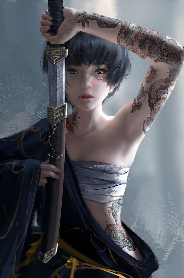 Wlop sword women with swords tattoo artwork digital art drawing short hair hd mobile wallpaper peakpx samurai art queen art fantasy girl