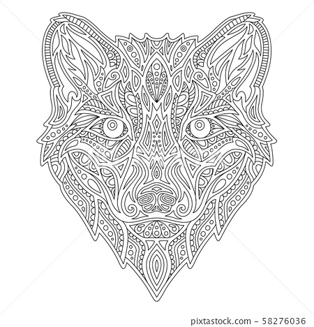 Line art for adult coloring book with wolf head