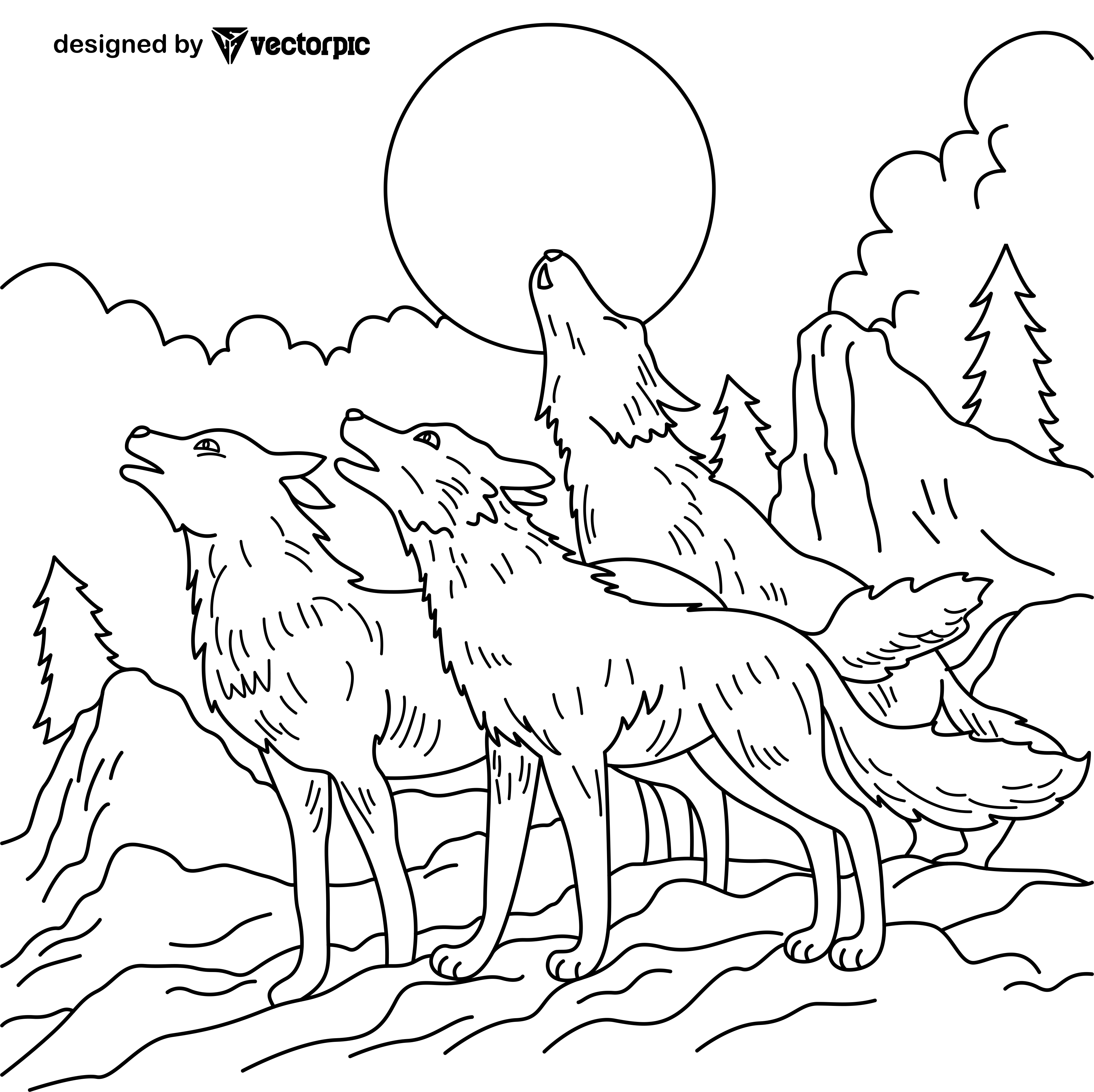Wolf howling animal coloring pages for kids adults design free vector