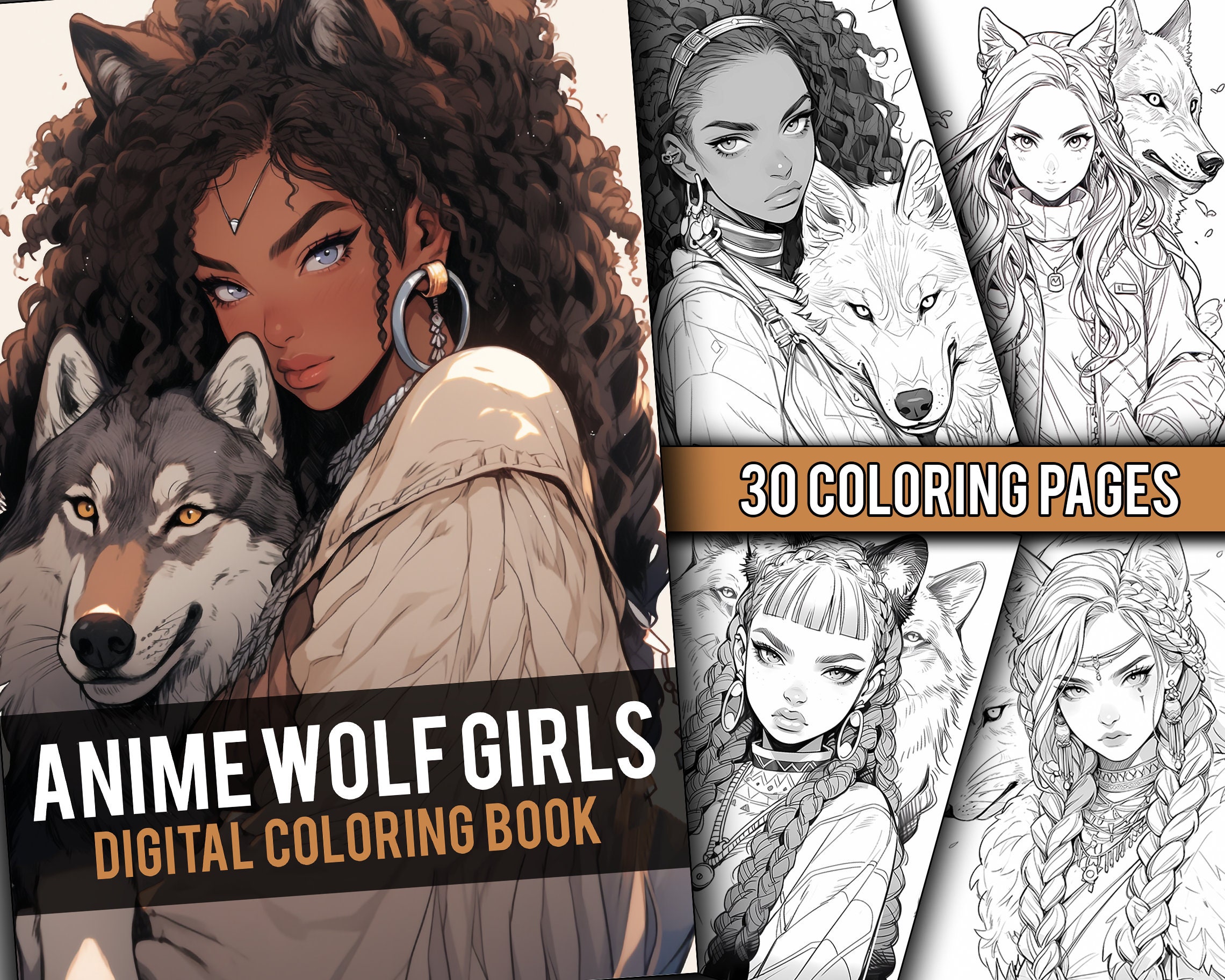 Anime beautiful wolf girls coloring book page manga fantasy anime coloring pages for adults children instant download printable pdf