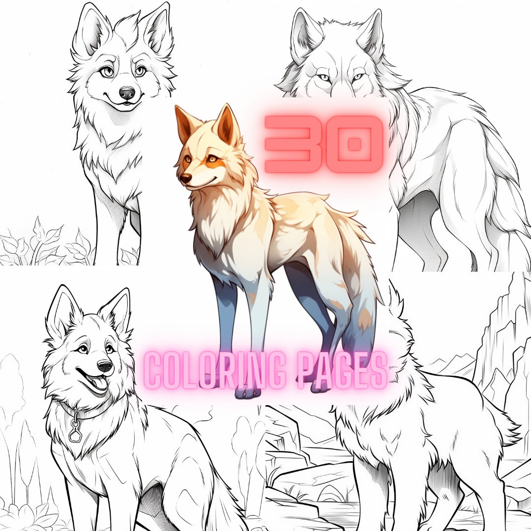 Cute anime dogs and wolves coloring book pages adults