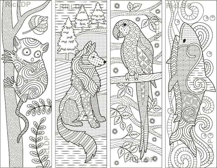 Set of animal zentangle coloring bookmarks chameleon walrus catfish shrimp tarsier wolf parrot shark digital download