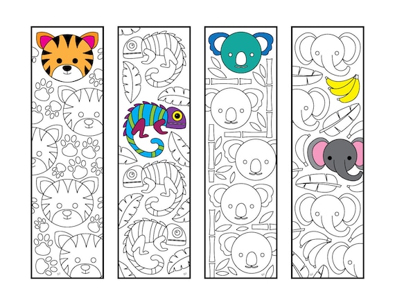 Cute jungle animal bookmarks pdf coloring page tiger chameleon koala elephant