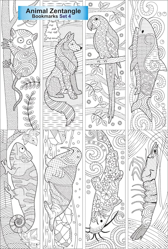 Set of animal zentangle coloring bookmarks chameleon walrus catfish shrimp tarsier wolf parrot shark digital download