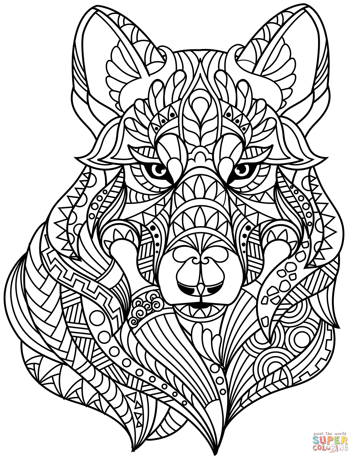 Wolf head zentangle coloring page from zentangle category select from printable craâ animal coloring pages mandala coloring pages abstract coloring pages
