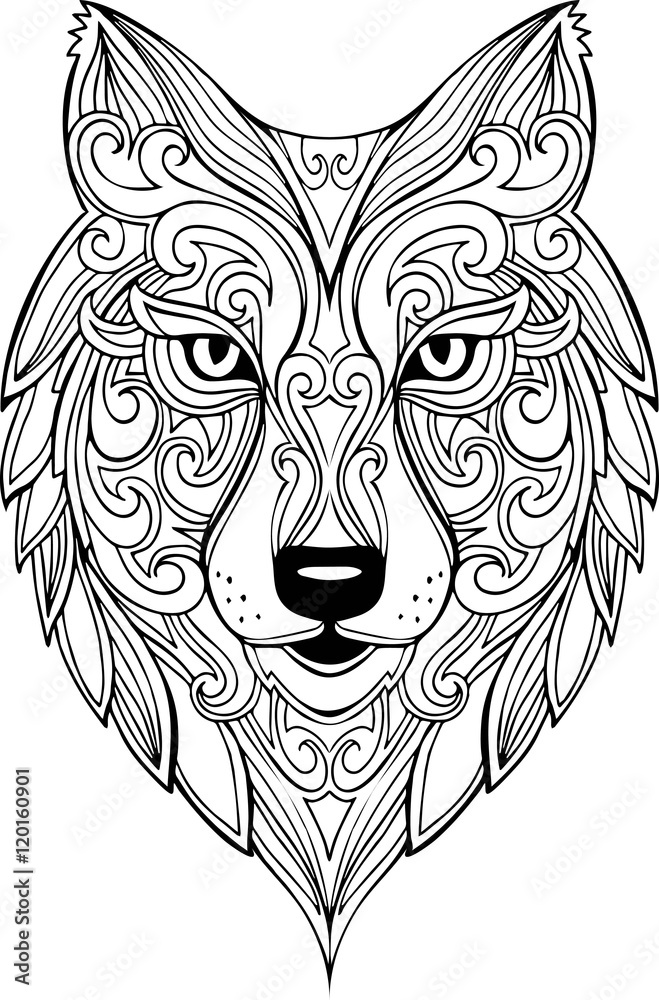 Vector hand drawn doodle wolf head illustration for coloring book vector