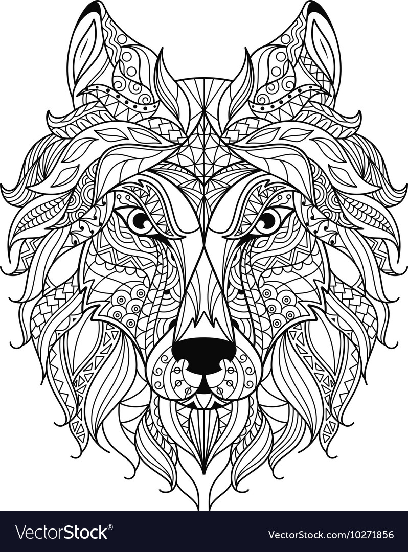 Wolf head entangle stylized coloring page vector image