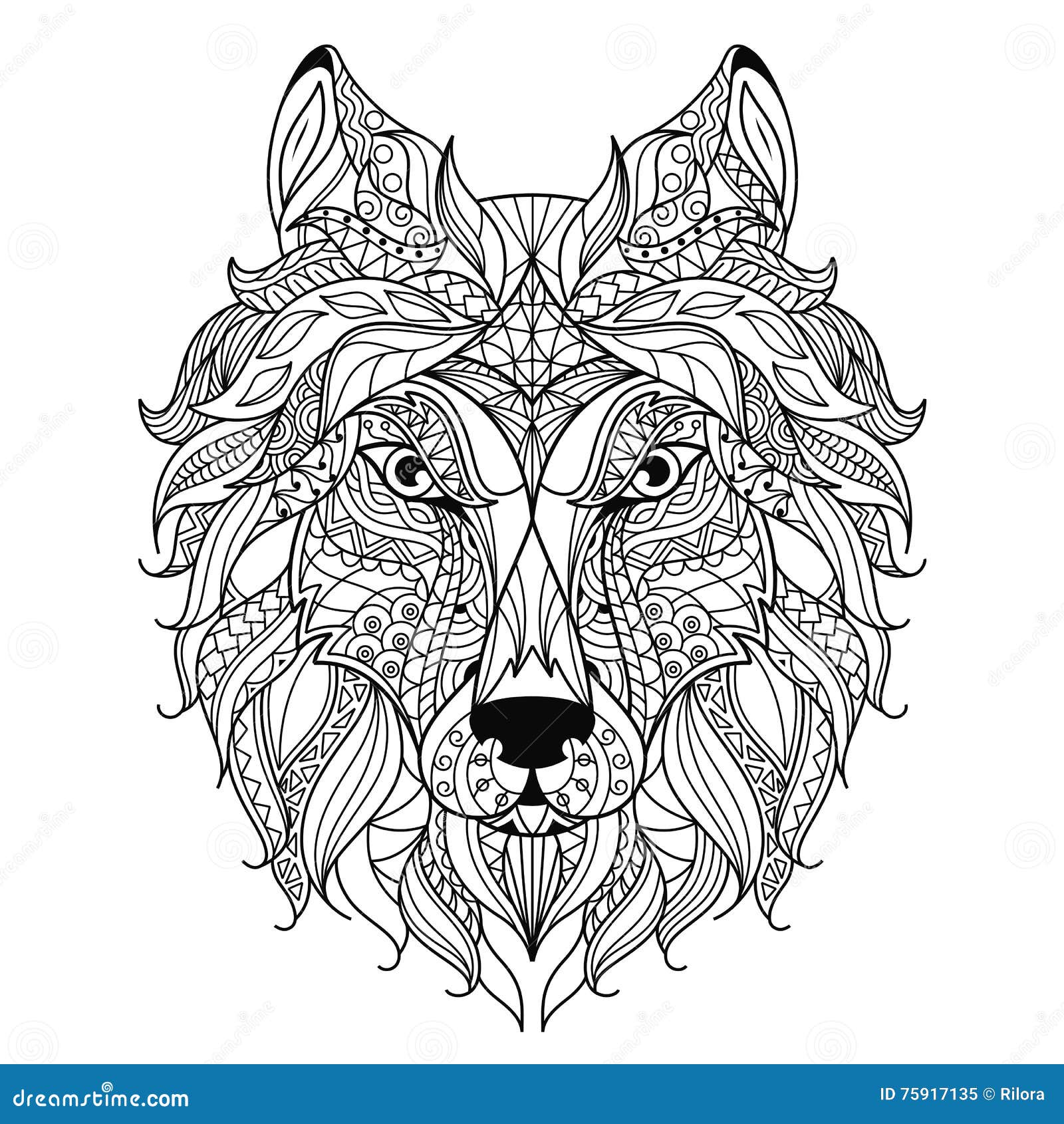 Wolf head zentangle stylized coloring page stock vector