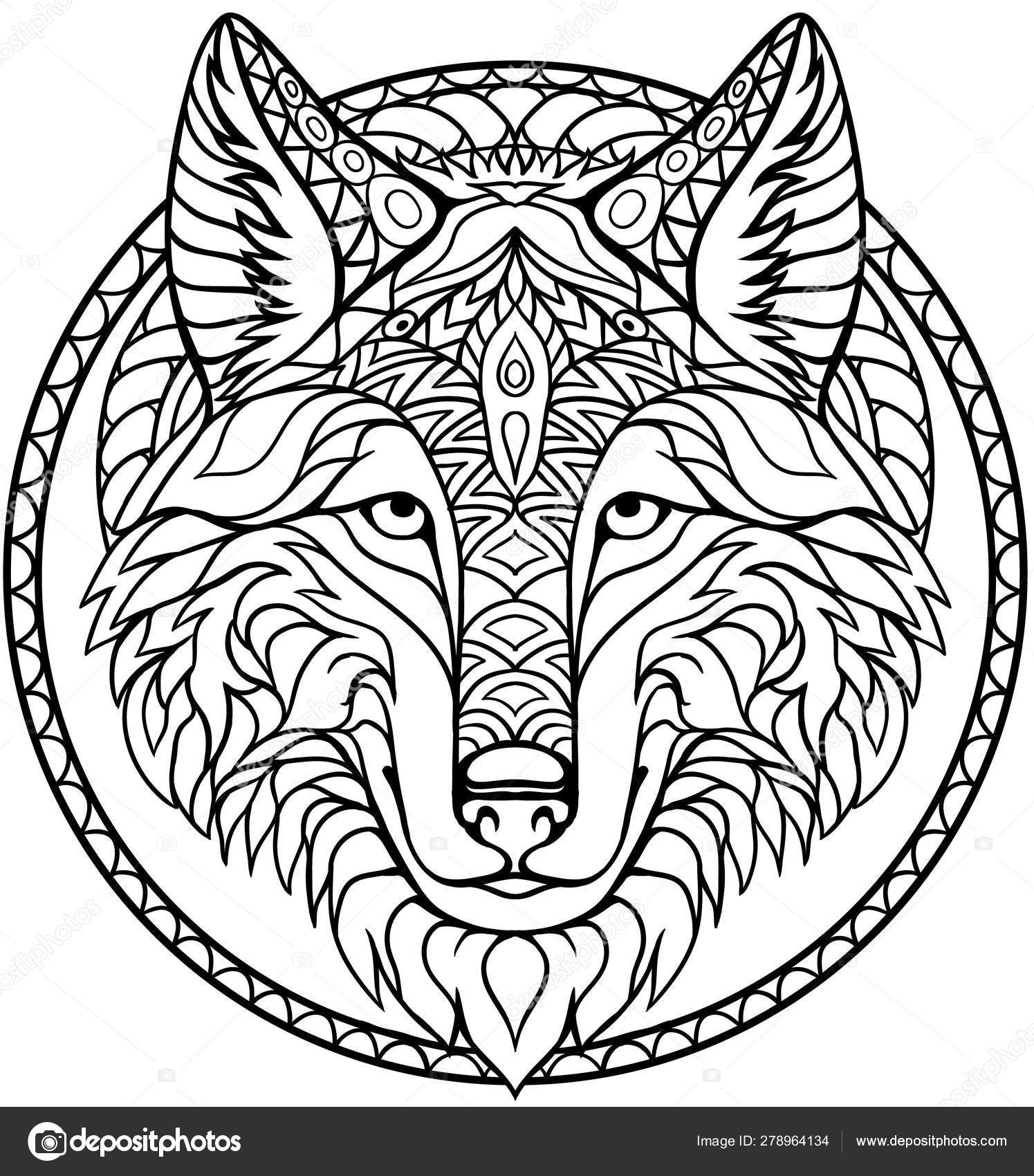 Doodle wolf coloring book outline drawing in vector stock vector by rushcat