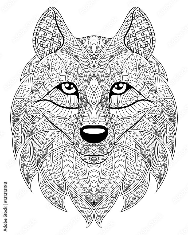 Wolf head in zentangle style adult antistress coloring page black and white hand drawn doodle for coloring book ethnic pattern ornament vector