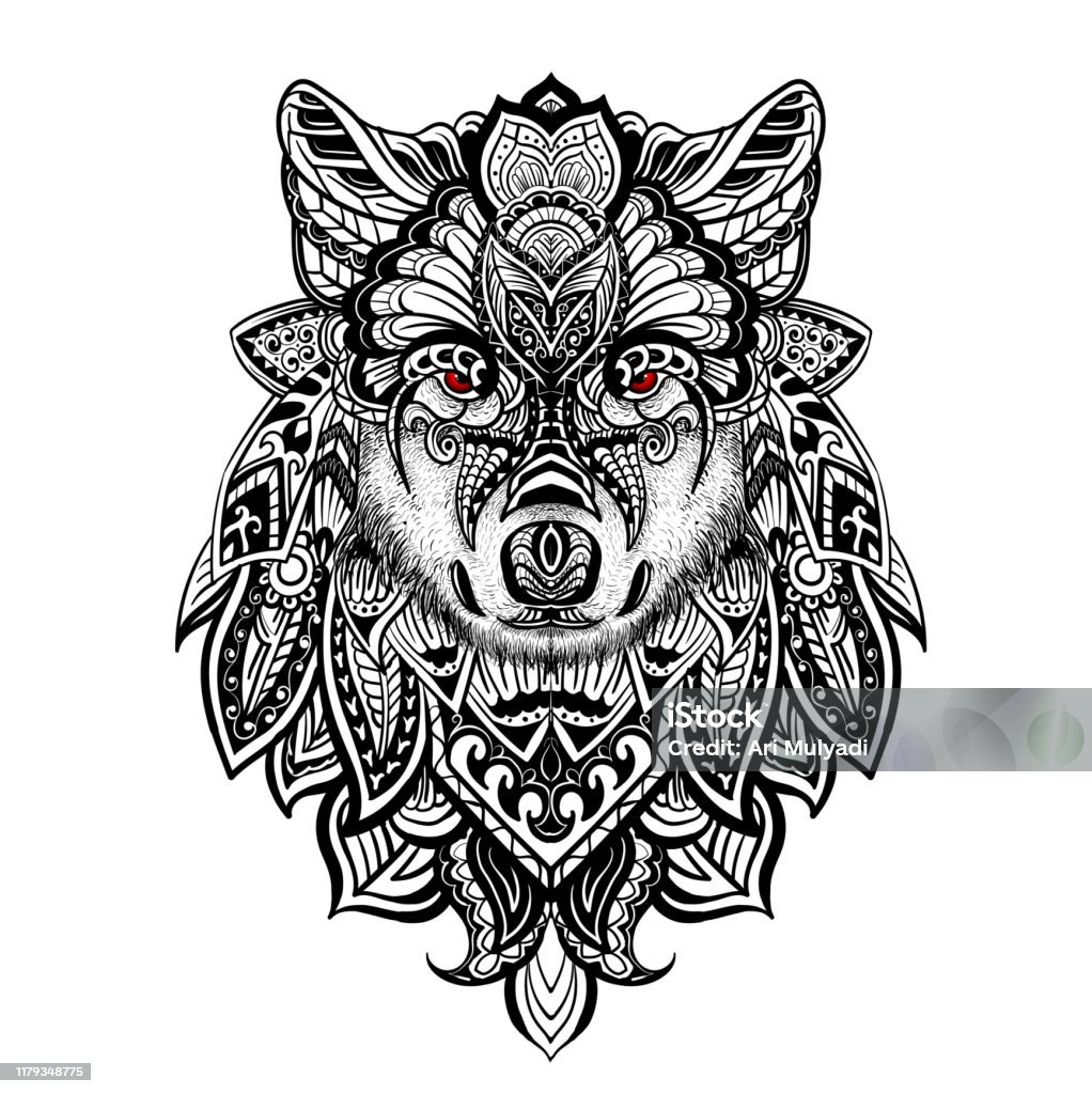 Coloring page with doodle style wolf head coloring book for adult and older children editable vector illustration stock illustration