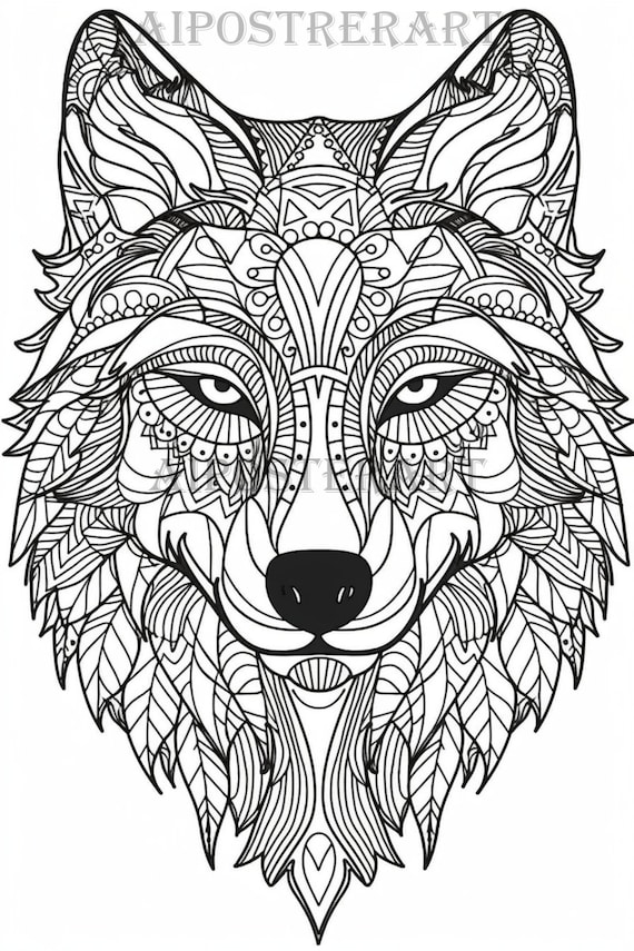 Wolf head mandala coloring sheet for adults printable coloring page advanced mandala style coloring