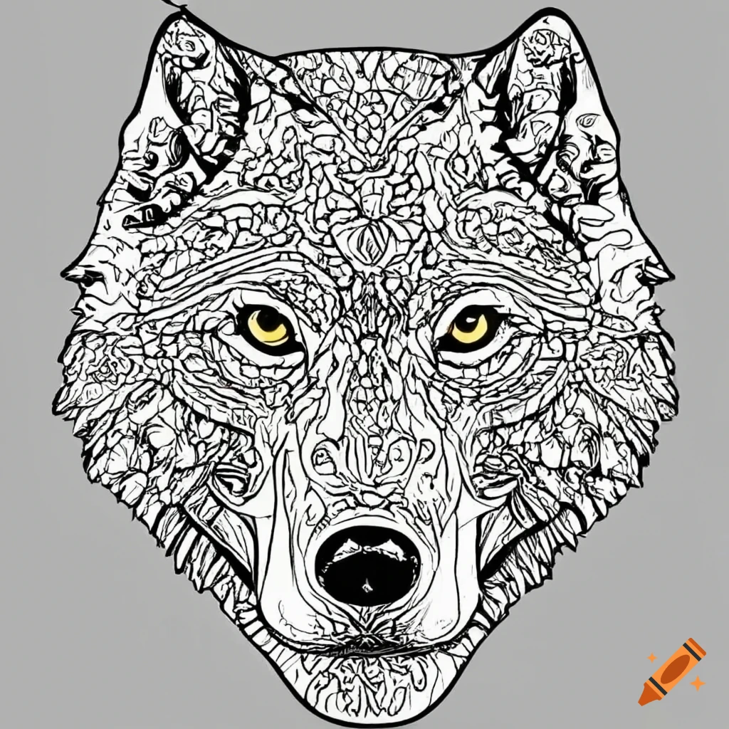 Black white coloring book line drawing wolf face on