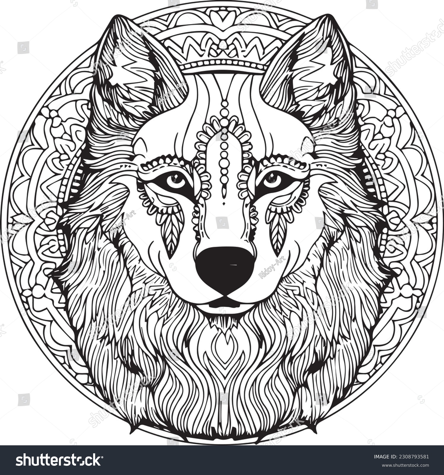 Wolf head mandala pattern coloring page stock