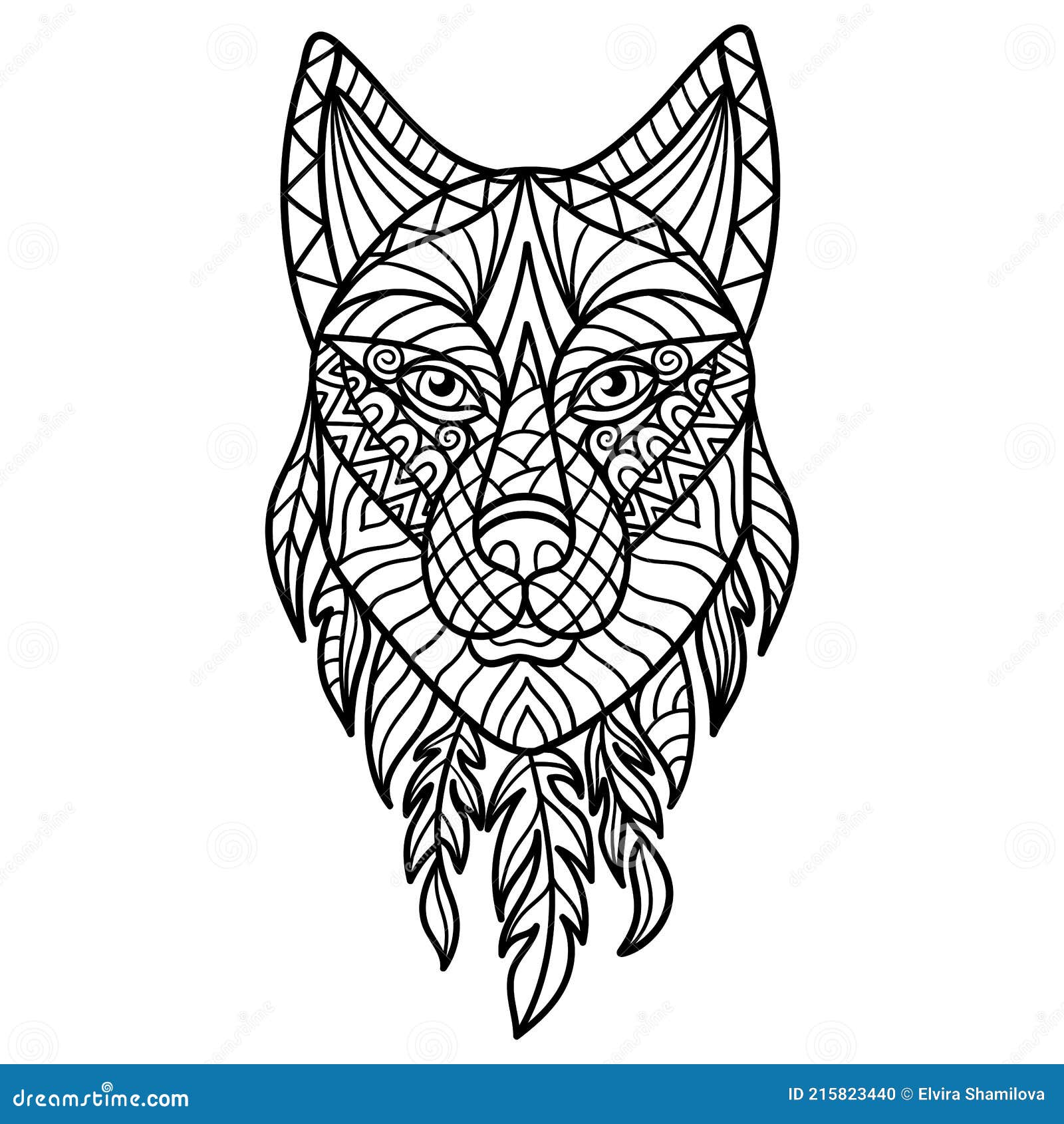 Abstract wolf head in ethnic style coloring page stock vector