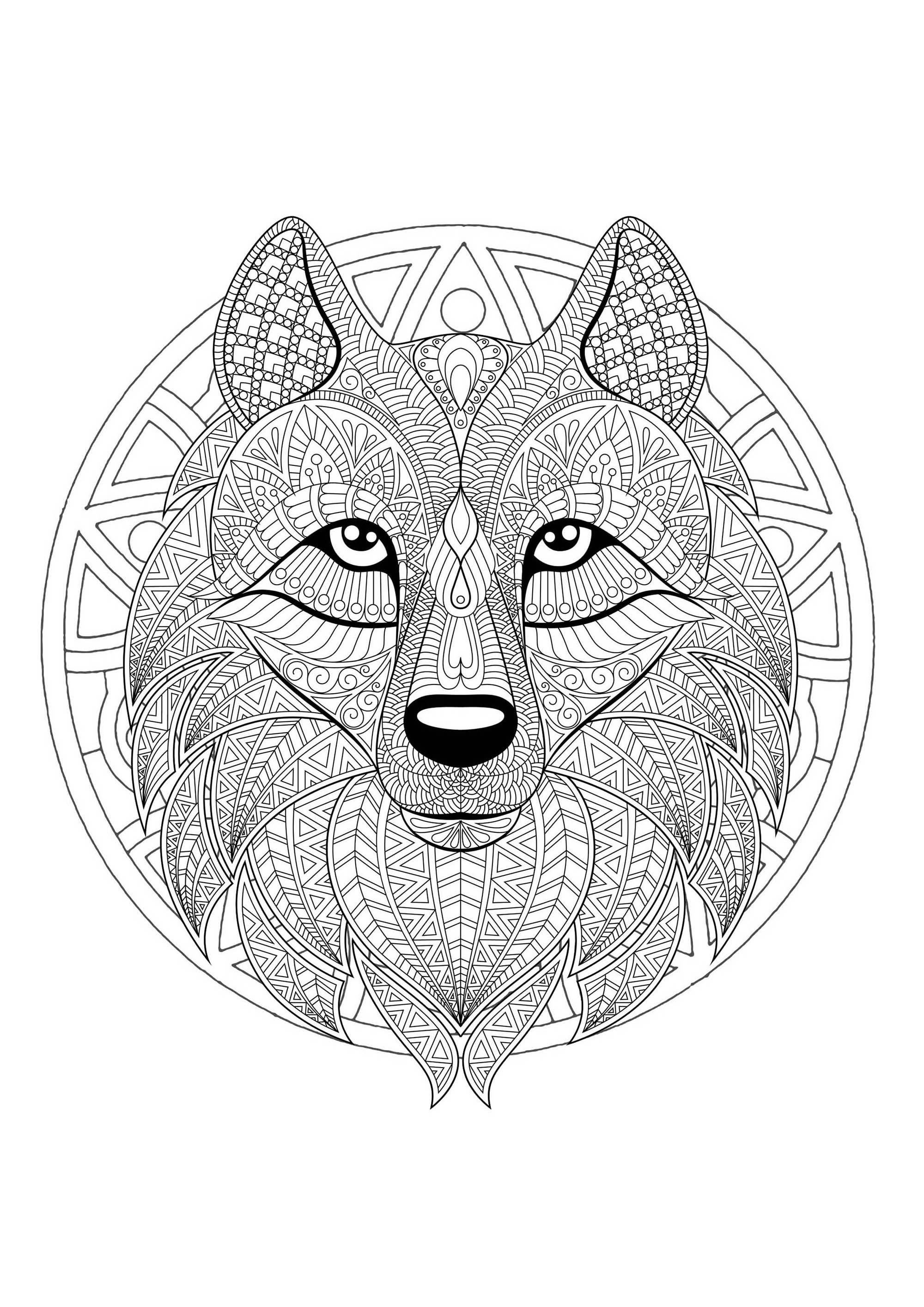 Complex mandala coloring page with complex wolf head