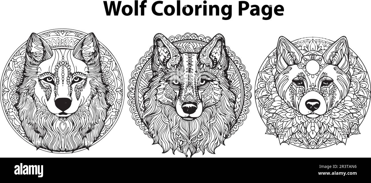 A set of wolf line art coloring pages for adults stock vector image art