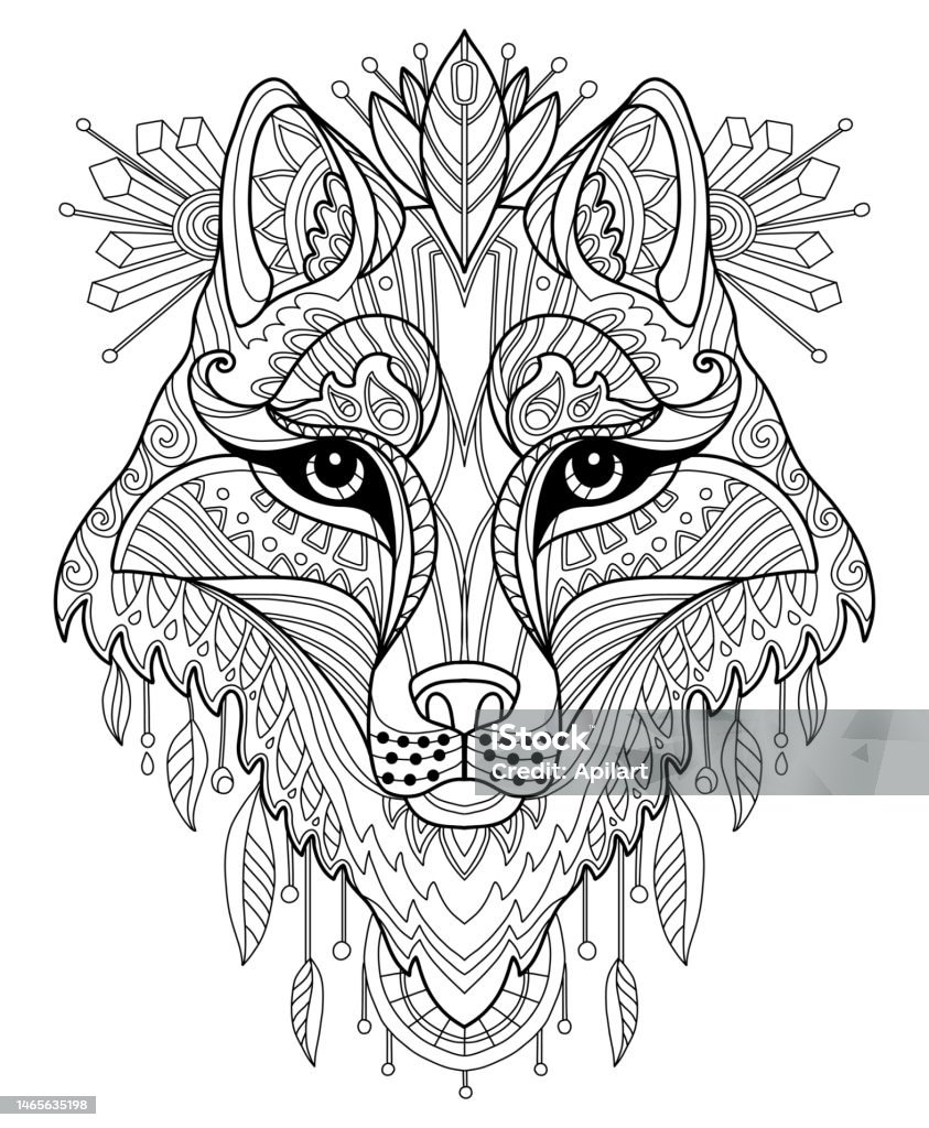 Wolf head adult antistress coloring page vector stock illustration