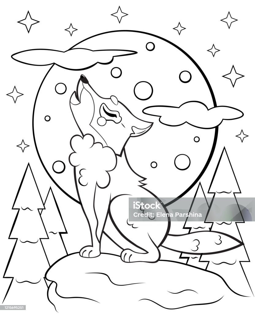 Coloring page outline of cute cartoon wolf howling at the moon vector image with forest background coloring book of forest wild animals for kids stock illustration