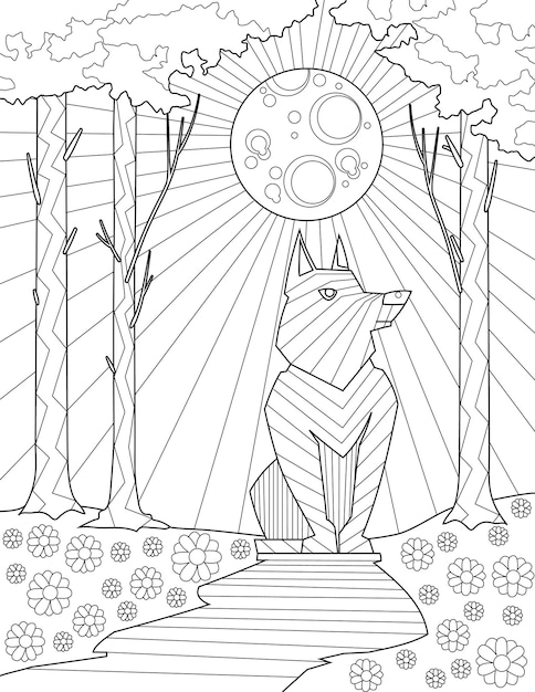 Premium vector coloring book page with lone wolf howling at full moon sheet to be colored with wild dog standing still on path with flowers around and trees in back