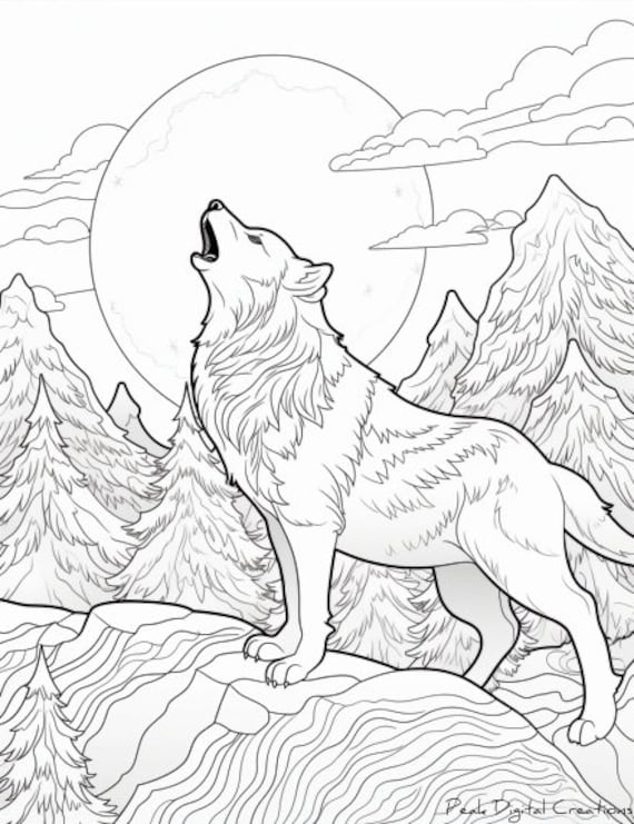 Moonlit serenade wolf howling coloring page instant download