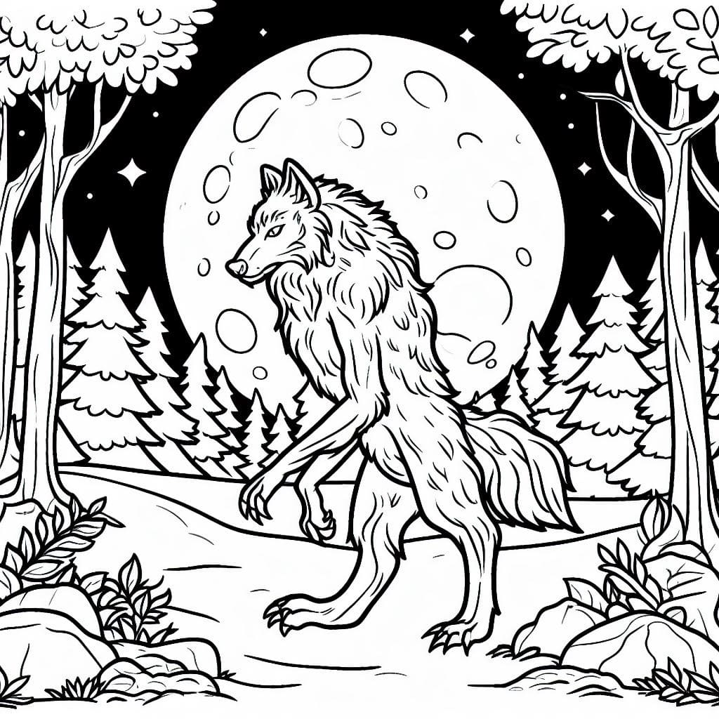 Werewolf and moon coloring page