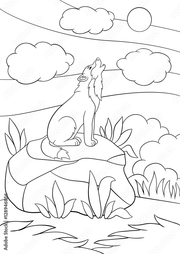 Coloring pages cute beautiful wolf howling vector