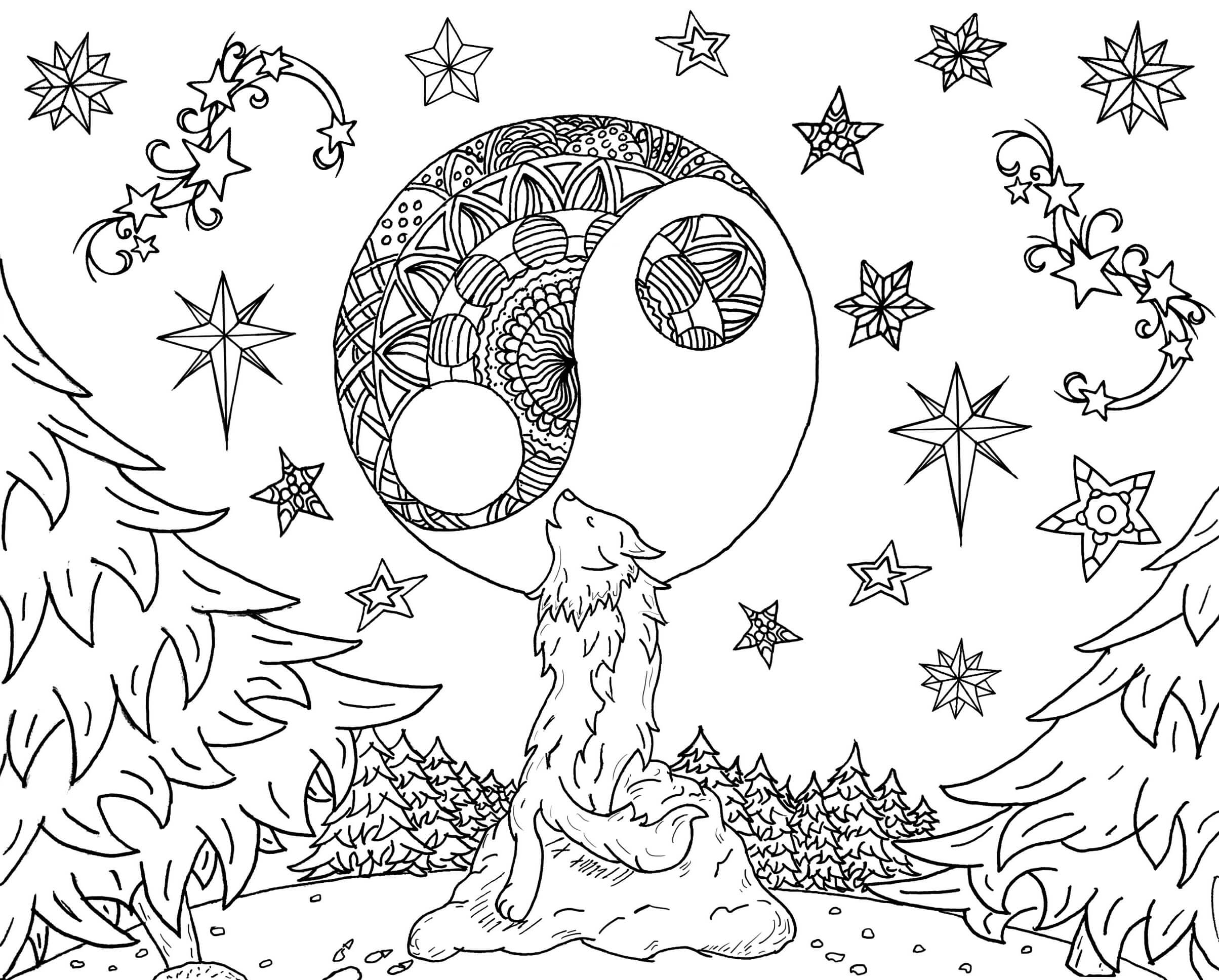 Wolf and moon mandala coloring page