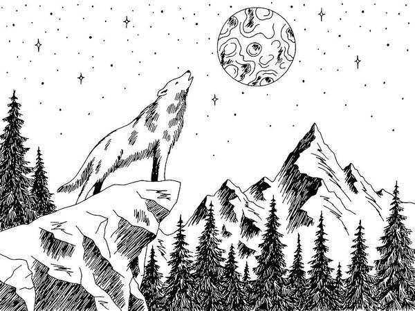 Wolf howling at the moon mountain forest graphic black white landscape sketch poster by julien