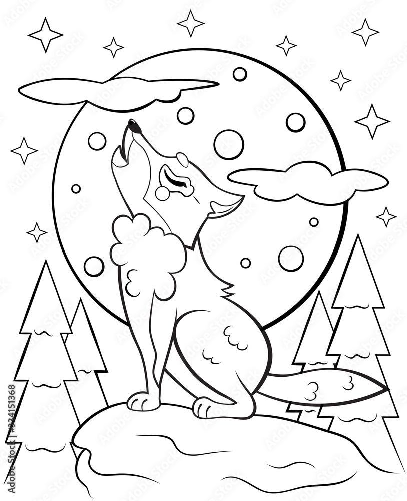 Coloring page outline of cute cartoon wolf howling at the moon vector image with forest background coloring book of forest wild animals for kids vector